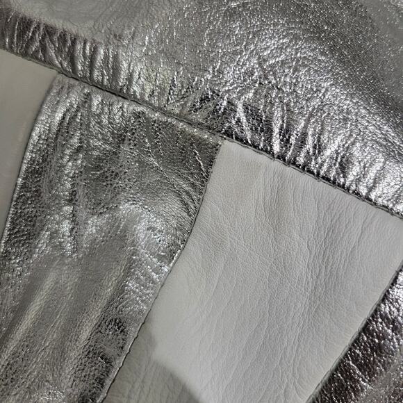 Vintage Leather Dress Silver Metallic White Striped Sheath Pencil Straight Large - Picture 9 of 15